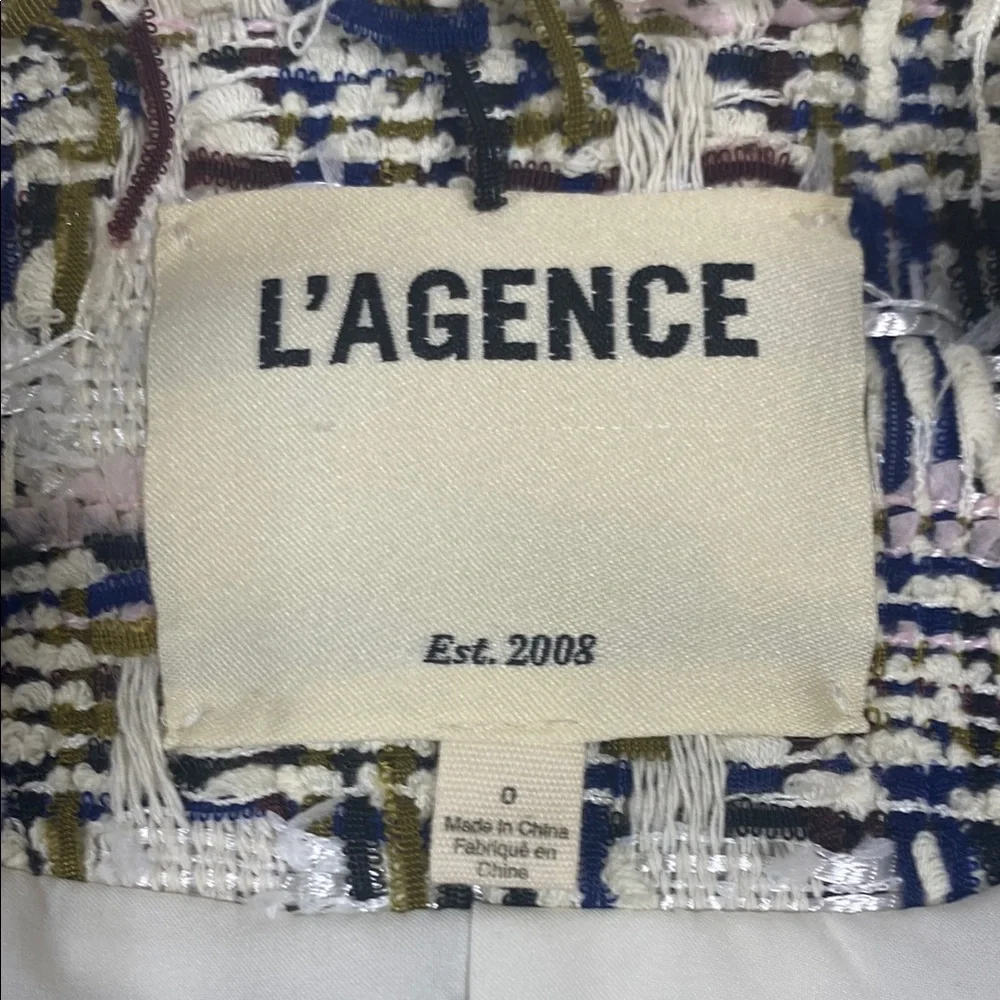 L'AGENCE Cream, Blue Open-front Blazer with Textured Design, Women Size 0